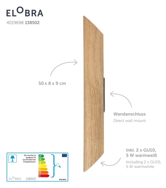 Elobra Kinkiet Colombia, możliwość ściemniania, jasne drewno, salon / jadalnia, drewno, nowoczesny