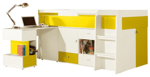 Łóżko piętrowe 90x200 z biurkiem i szafkami Mobi MO21 - biały / żółty