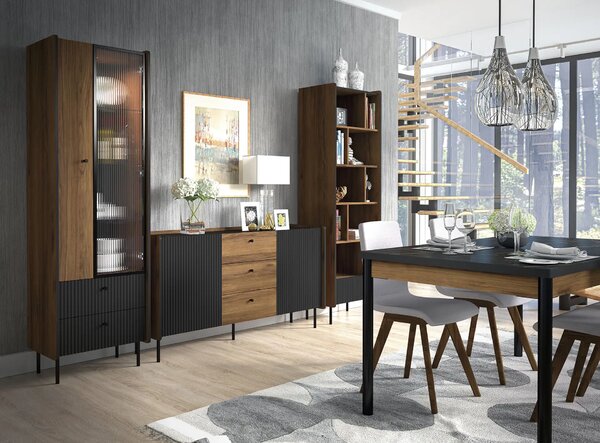 Komoda z 3 szufladami do salonu sypialni Prestigo P5 2D3S Czarna/Orzech/San Sebastian