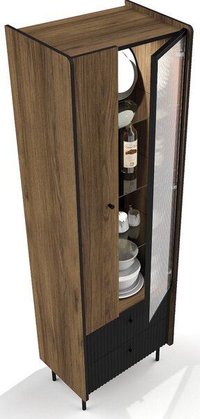 Witryna szklana z szufladami do salonu Prestigo P3 1D1W2S + LED Czarna/Orzech/San Sebastian