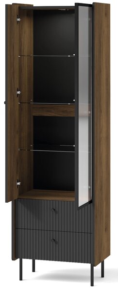 Witryna szklana z szufladami do salonu Prestigo P3 1D1W2S + LED Czarna/Orzech/San Sebastian