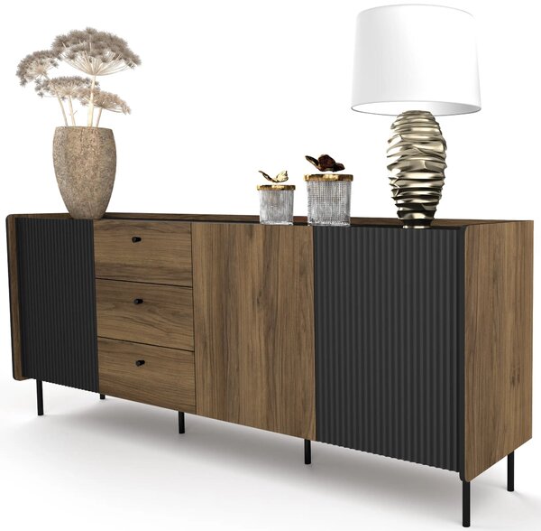 Komoda 200 cm trzydrzwiowa z szufladami Prestigo P6 3D3S Czarna/Orzech/San Sebastian