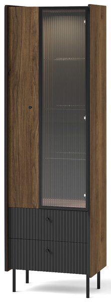 Witryna szklana z szufladami do salonu Prestigo P3 1D1W2S + LED Czarna/Orzech/San Sebastian