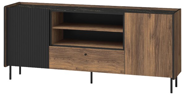 Komoda 180 cm z szufladą do salonu Prestigo P16 Czarna/Orzech/San Sebastian