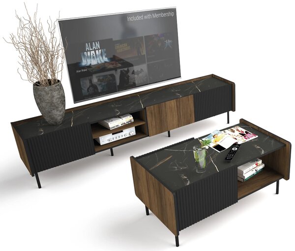 Nowoczesna szafka RTV 200 cm pod telewizor Prestigo P8 3D Czarna/Orzech/San Sebastian