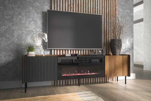 Komoda RTV 180 cm z kominkiem elektrycznym Prestigo P17 Czarna/Orzech/San Sebastian