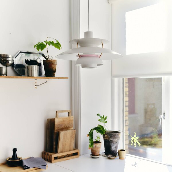 Louis Poulsen Lampa wisząca designerska PH 5, możliwość ściemniania, biały / opal, salon / jadalnia, aluminium, design