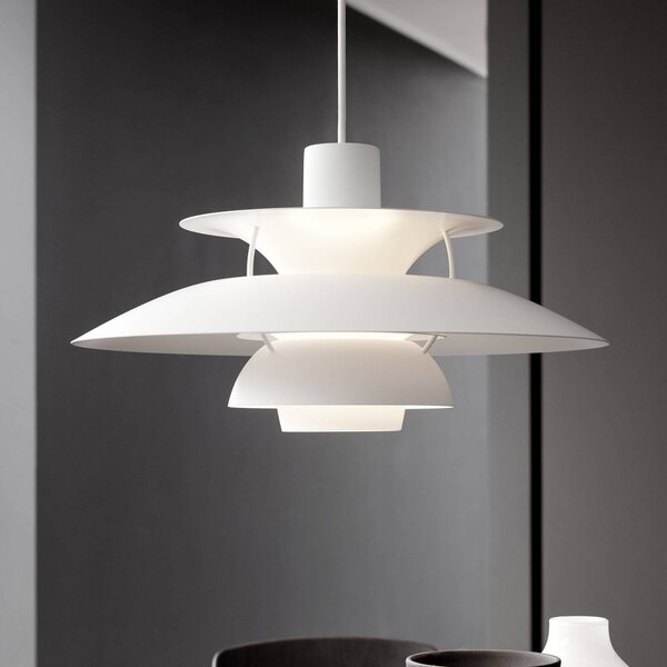 Louis Poulsen Lampa wisząca designerska PH 5 500, możliwość ściemniania, biały / opal, salon / jadalnia, aluminium, design