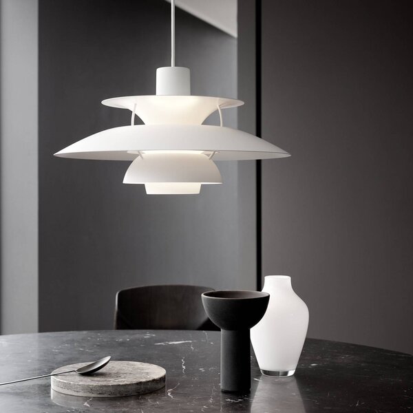 Louis Poulsen Lampa wisząca designerska PH 5 500, możliwość ściemniania, biały / opal, salon / jadalnia, aluminium, design