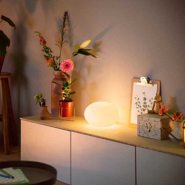 Philips Hue Lampa stołowa LED Flourish, RGBW Hue, możliwość ściemniania, biały / opal, salon / jadalnia, szkło, nowoczesny