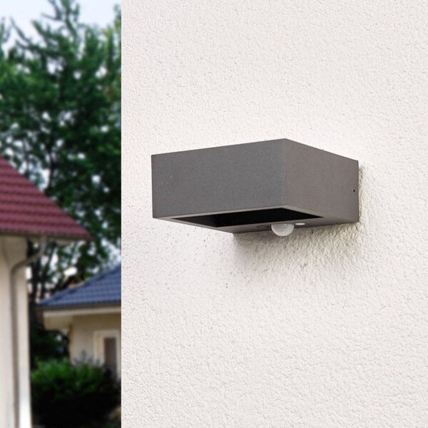 Lucande LED solarna lampa ścienna Mahra, antracyt, metal, czujnik Mahra, aluminiowy / szary / cynkowy, aluminium, nowoczesny