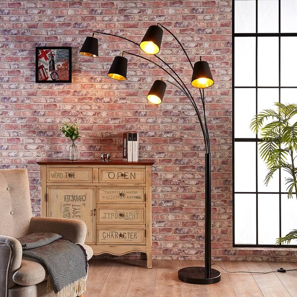 Lampa łukowa Lindby Tinne, czarna/złota, marmur, 5-punktowa, E14 Tinne, czarny, salon / jadalnia, tkanina / materiał / jedwab, nowoczesny
