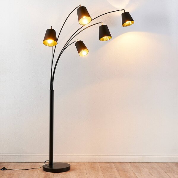 Lampa łukowa Lindby Tinne, czarna/złota, marmur, 5-punktowa, E14 Tinne, czarny, salon / jadalnia, tkanina / materiał / jedwab, nowoczesny