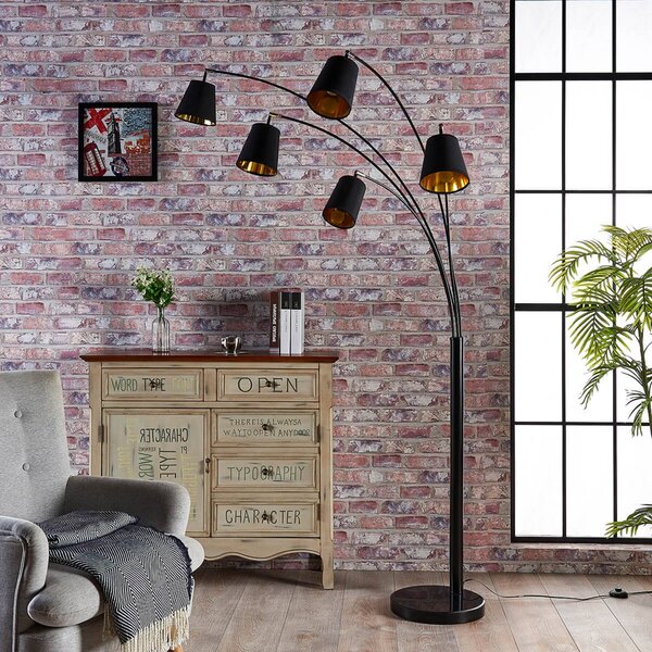 Lampa łukowa Lindby Tinne, czarna/złota, marmur, 5-punktowa, E14 Tinne, czarny, salon / jadalnia, tkanina / materiał / jedwab, nowoczesny