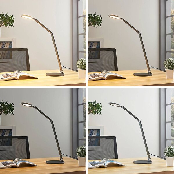 Lampa biurkowa LED Mion Lucande, możliwość ściemniania, aluminiowy / szary / cynkowy, biuro, aluminium, nowoczesny