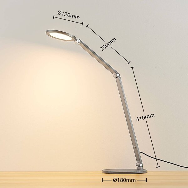 Lampa biurkowa LED Mion Lucande, możliwość ściemniania, aluminiowy / szary / cynkowy, biuro, aluminium, nowoczesny
