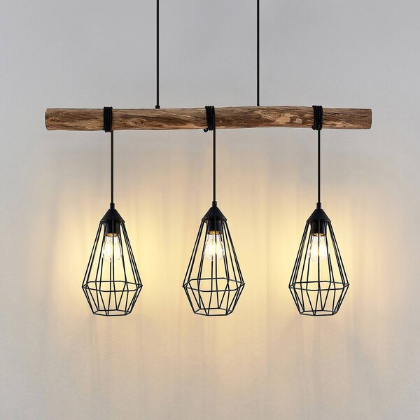 Lampa wisząca Eldarion Lindby, możliwość ściemniania, jasne drewno, salon / jadalnia, metal, dworkowy / rustykalny