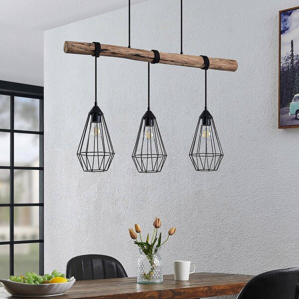 Lampa wisząca Eldarion Lindby, możliwość ściemniania, jasne drewno, salon / jadalnia, metal, dworkowy / rustykalny