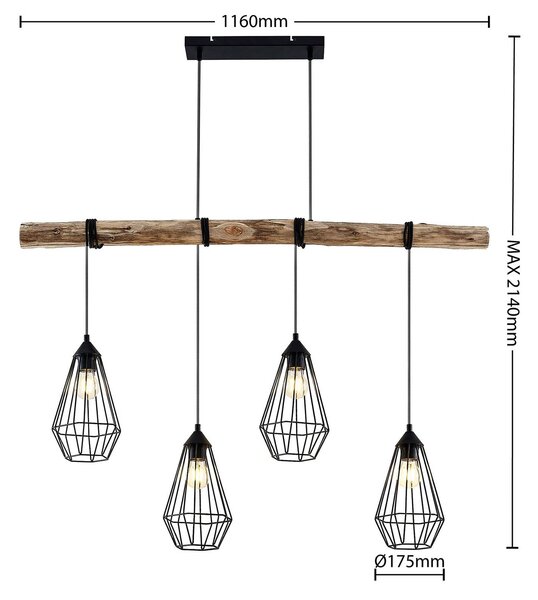 Lampa wisząca Eldarion Lindby, możliwość ściemniania, jasne drewno, salon / jadalnia, metal, dworkowy / rustykalny