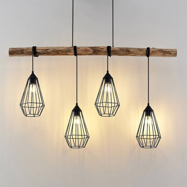Lampa wisząca Eldarion Lindby, możliwość ściemniania, jasne drewno, salon / jadalnia, metal, dworkowy / rustykalny
