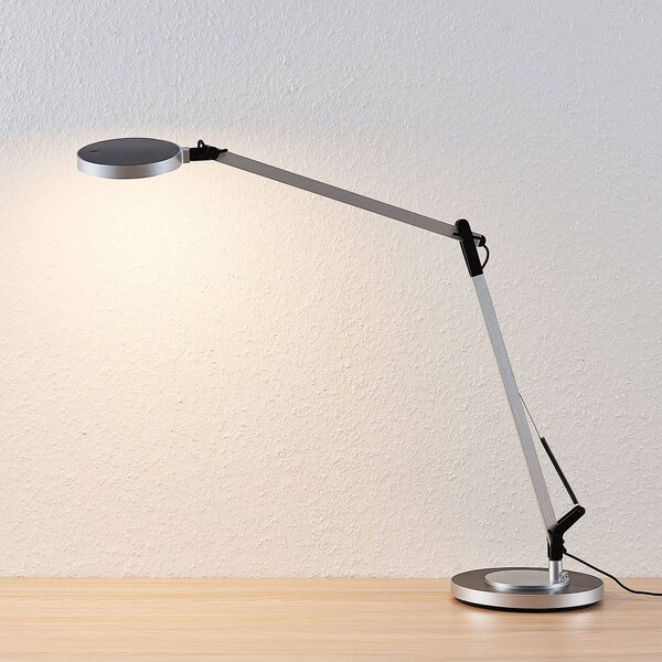 Lampa biurkowa LED Rilana Lindby, możliwość ściemniania, aluminiowy / szary / cynkowy, biuro, metal, nowoczesny