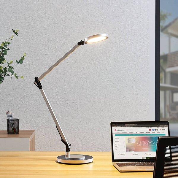 Lampa biurkowa LED Rilana Lindby, możliwość ściemniania, aluminiowy / szary / cynkowy, biuro, metal, nowoczesny