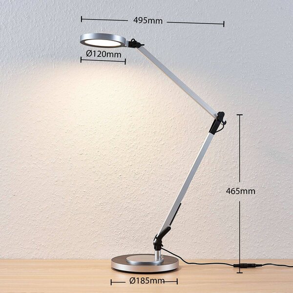 Lampa biurkowa LED Rilana Lindby, możliwość ściemniania, aluminiowy / szary / cynkowy, biuro, metal, nowoczesny