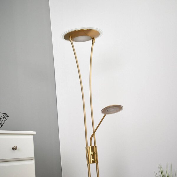 Lampa stojąca LED Eda Lindby, możliwość ściemniania, mosiężny / złoty, salon / jadalnia, metal, nowoczesny