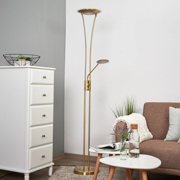 Lampa stojąca LED Eda Lindby, możliwość ściemniania, mosiężny / złoty, salon / jadalnia, metal, nowoczesny