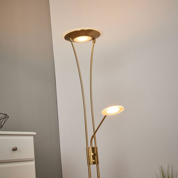 Lampa stojąca LED Eda Lindby, możliwość ściemniania, mosiężny / złoty, salon / jadalnia, metal, nowoczesny
