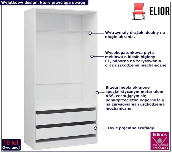 Biała szafa w połysku z drążkiem i szufladami F5-W15