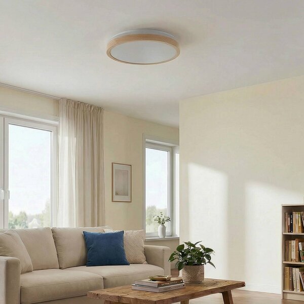 Lampa sufitowa LED Emiva Lindby, możliwość ściemniania, jasne drewno, salon / jadalnia, drewno, nowoczesny