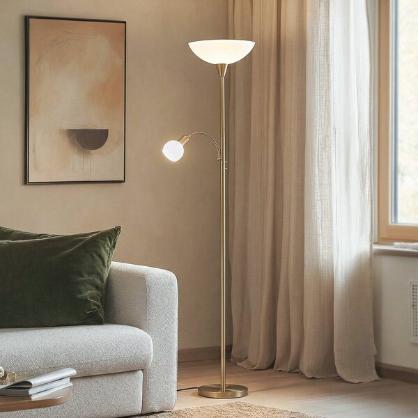 Lampa podłogowa Lindby Elaina, lampka do czytania, kolor mosiądz, 183cm E27 Elaina, mosiężny / złoty, salon / jadalnia, metal, nowoczesny