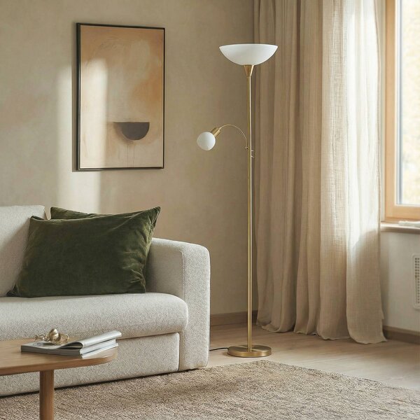 Lampa podłogowa Lindby Elaina, lampka do czytania, kolor mosiądz, 183cm E27 Elaina, mosiężny / złoty, salon / jadalnia, metal, nowoczesny