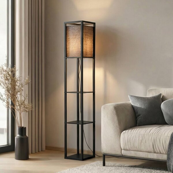 Lampa stojąca Birta Lindby, czarny, salon / jadalnia, drewno, nowoczesny
