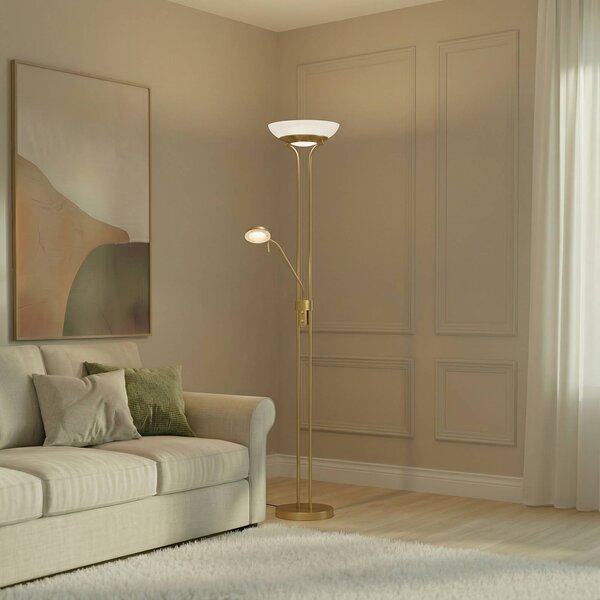 Lampa stojąca LED Yveta Lindby, możliwość ściemniania, mosiężny / złoty, salon / jadalnia, metal, nowoczesny
