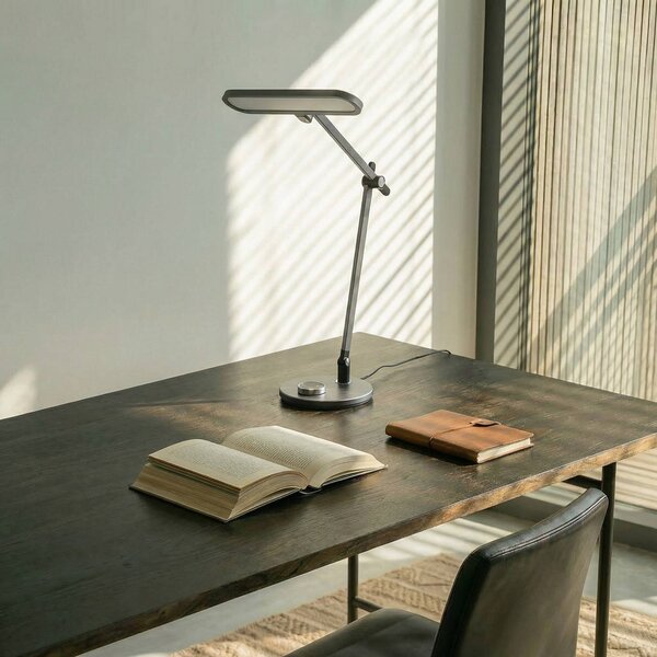 Lampa biurkowa LED Elvir Lindby, możliwość ściemniania, aluminiowy / szary / cynkowy, salon / jadalnia, aluminium, nowoczesny