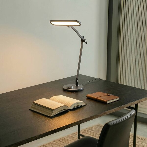 Lampa biurkowa LED Elvir Lindby, możliwość ściemniania, aluminiowy / szary / cynkowy, salon / jadalnia, aluminium, nowoczesny