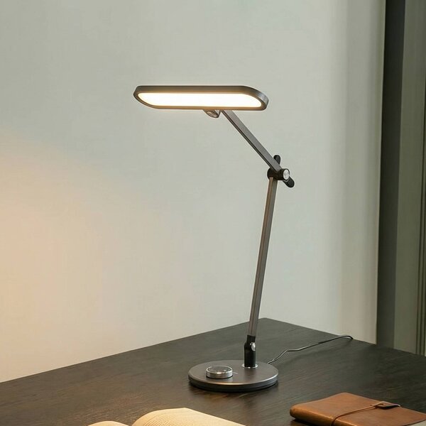 Lampa biurkowa LED Elvir Lindby, możliwość ściemniania, aluminiowy / szary / cynkowy, salon / jadalnia, aluminium, nowoczesny