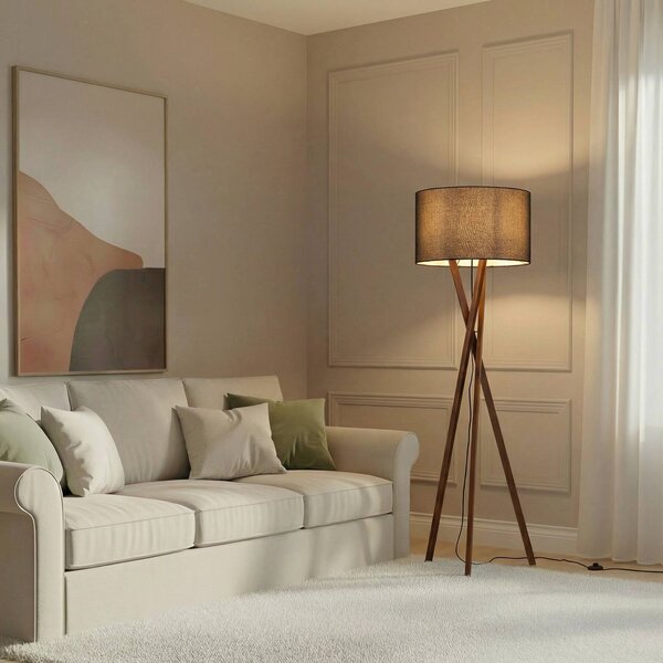 Lampa stojąca Auriane Lucande, ciemne drewno, salon / jadalnia, tkanina / materiał / jedwab, skandynawski