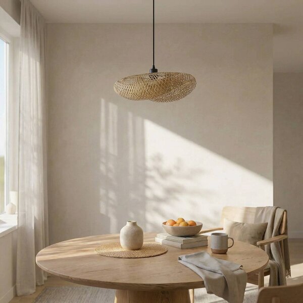 Lampa wisząca Eleane Lindby, możliwość ściemniania, jasne drewno, salon / jadalnia, bambus, dworkowy / rustykalny