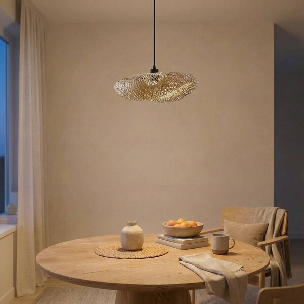 Lampa wisząca Eleane Lindby, możliwość ściemniania, jasne drewno, salon / jadalnia, bambus, dworkowy / rustykalny