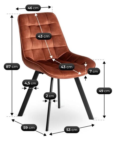 Zestaw 6x Krzesło Tapicerowane RICK do Salonu Rude Welurowe Nowoczesne Loft