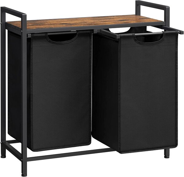 Kosz na bieliznę z półką BERGEN, 2x46l, czarna/brązowa Vasagle