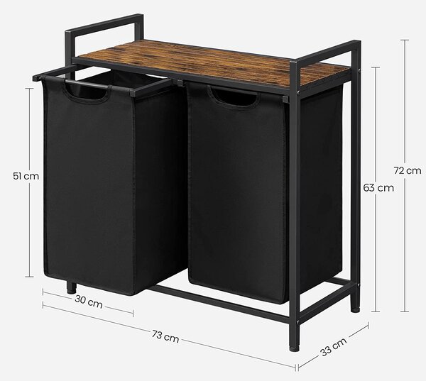 Kosz na bieliznę z półką BERGEN, 2x46l, czarna/brązowa Vasagle