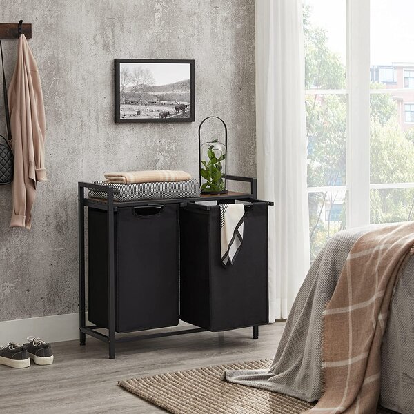 Kosz na bieliznę z półką BERGEN, 2x46l, czarna/brązowa Vasagle