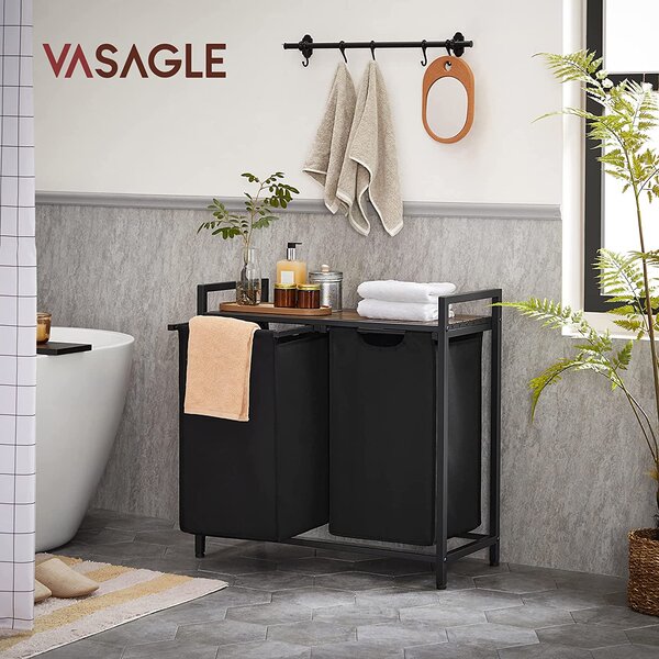 Kosz na bieliznę z półką BERGEN, 2x46l, czarna/brązowa Vasagle