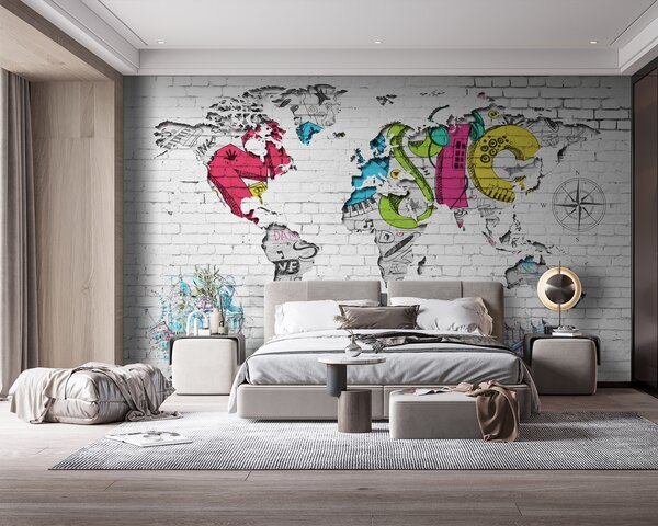 Fototapeta Mapa świata namalowana na ceglanej ścianie, Fototapety z mapami świata, Popularne Fototapety, u01805 - Tapeko.pl