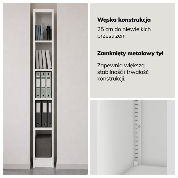 Regał metalowy wąski, archiwizacyjny na dokumenty biały, 250x1850x400 mm: TIM