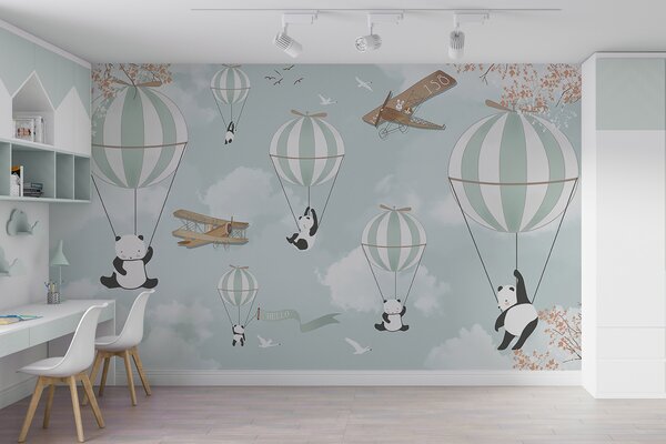Fototapeta Pandy i balony na ogrzane powietrze na niebie, Fototapety Dziecięce, Popularne Fototapety, u04394 - Tapeko.pl